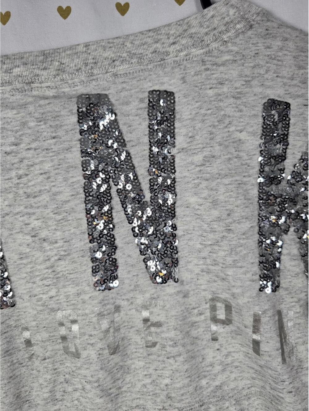 Victorias Secret PINK Campus Long Sleeve Grey BLING SEQUINED Tee V Neck Shirt SM - Picture 6 of 6